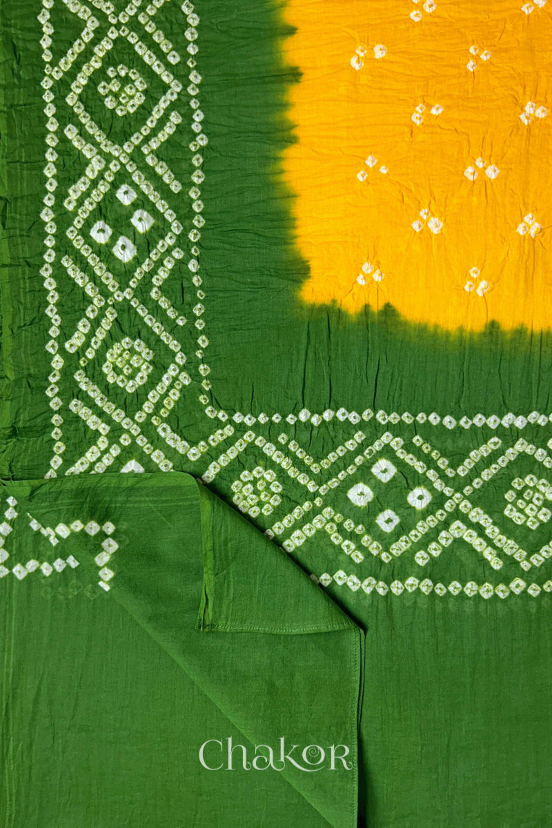 Yellow & Green Bandhani Mul Cotton Dupatta in Traditional Design for Women's clothing online by Chakor.