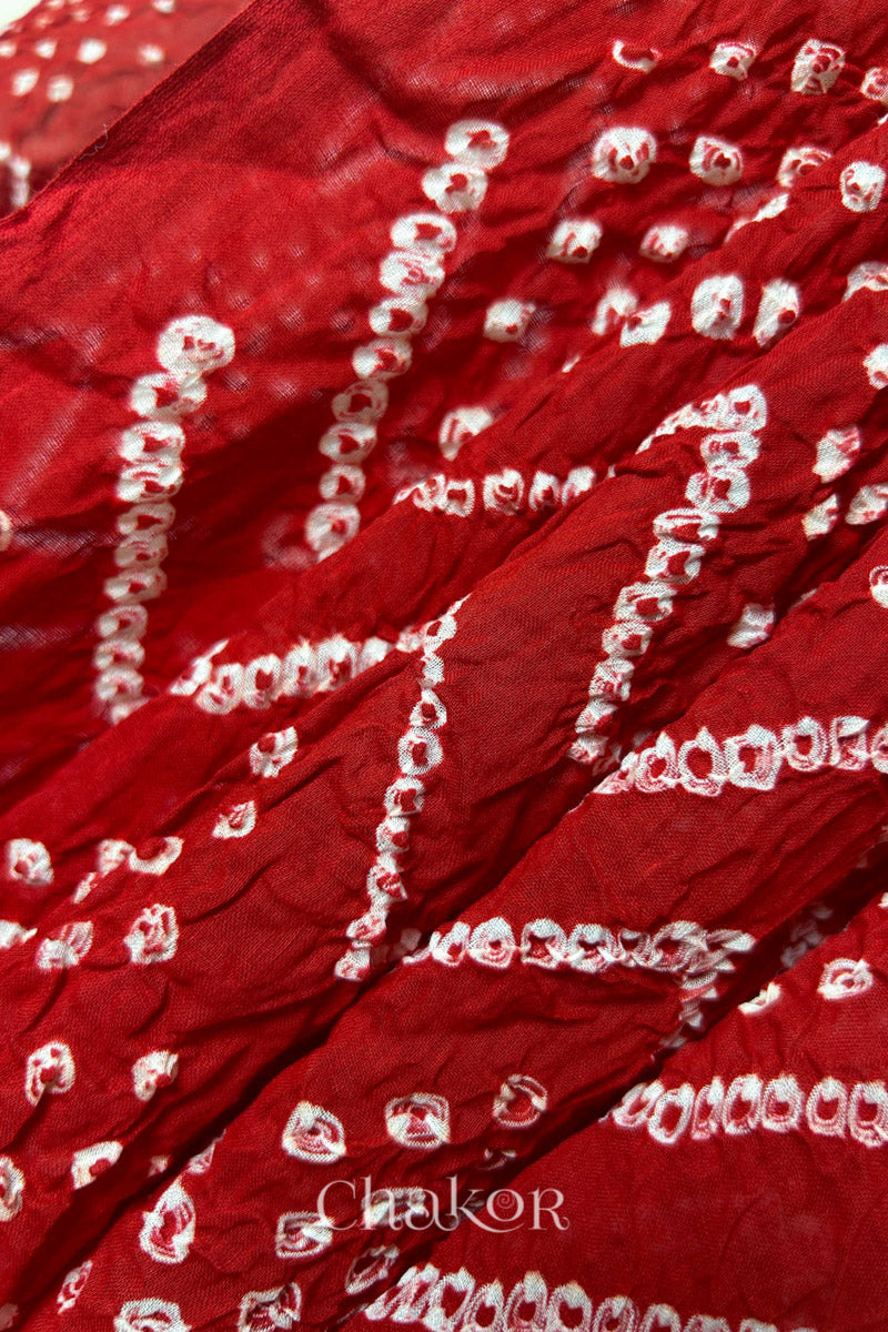 Tomato Red Bandhani Mul Cotton Dupatta in Traditinal Design for Women's clothing online by Chakor.