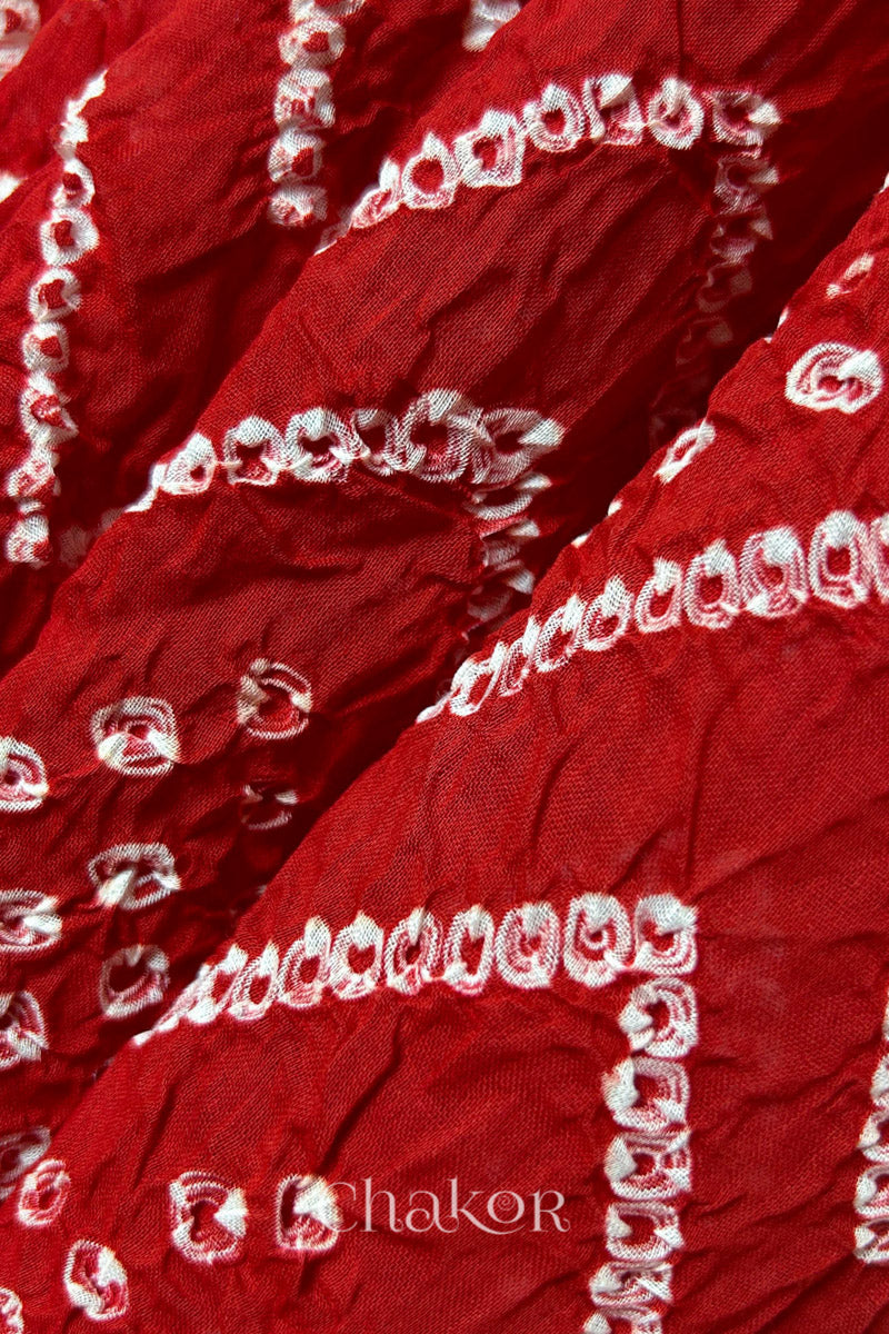 Red Bandhani Mul Cotton Dupatta in Traditional  Design for Women's clothing online by Chakor.