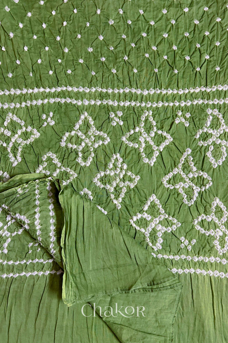 Olive Green Traditional Bandhani Mul Cotton Dupatta by Chakor.