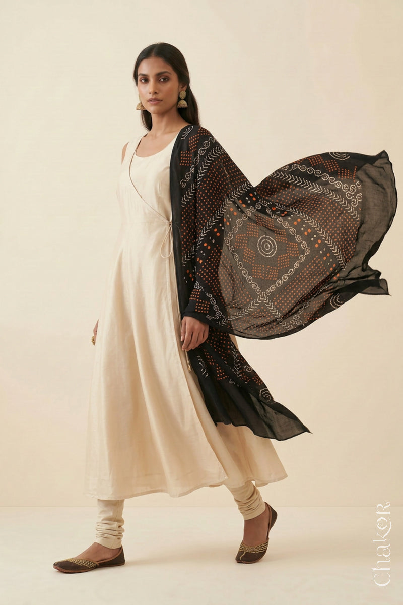 Black Bandhani Mul Cotton Dupatta | Handmade Kutch Bandhej