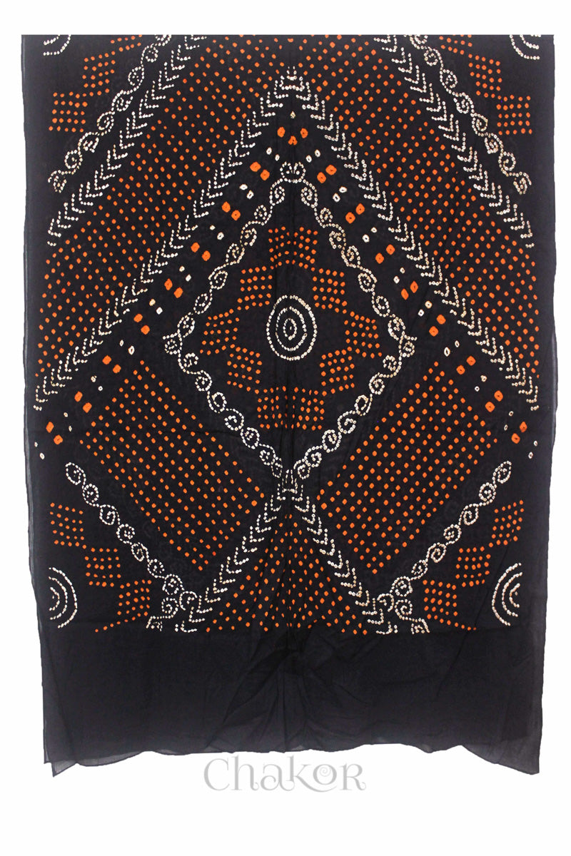 Black Bandhani Mul Cotton Dupatta | Handmade Kutch Bandhej