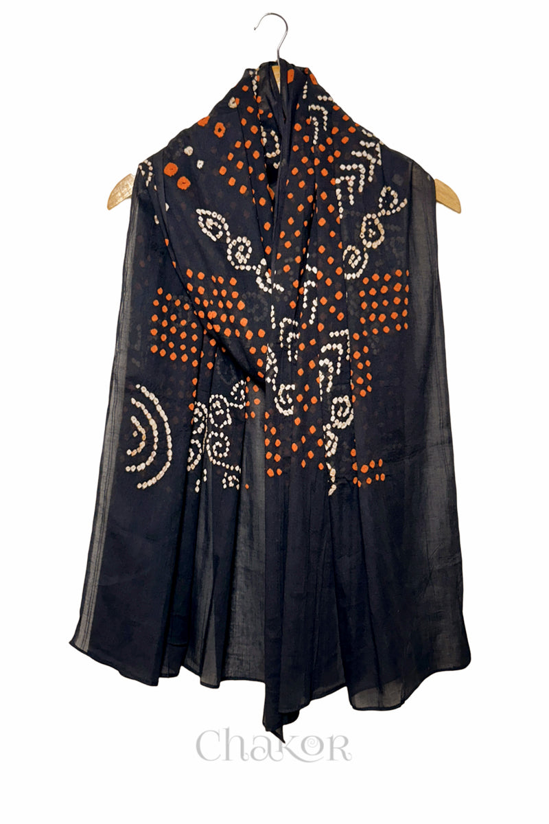 Black Bandhani Mul Cotton Dupatta | Handmade Kutch Bandhej