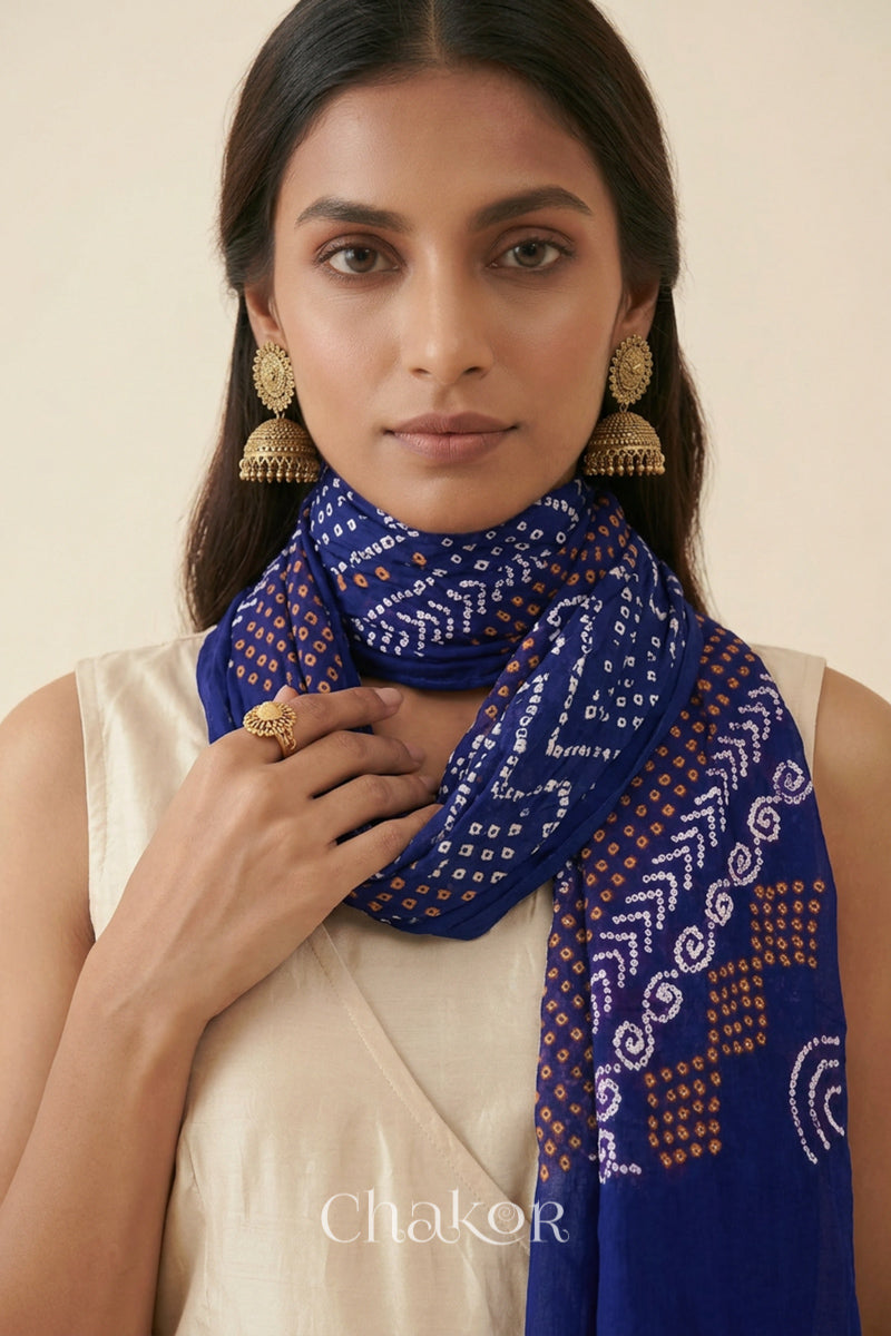 Navy Bandhani Mul Cotton Dupatta | Handmade Kutch Bandhej