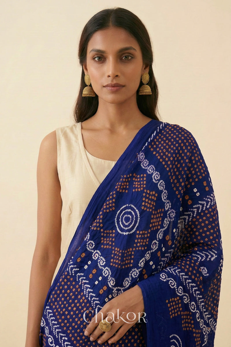 Navy Bandhani Mul Cotton Dupatta | Handmade Kutch Bandhej