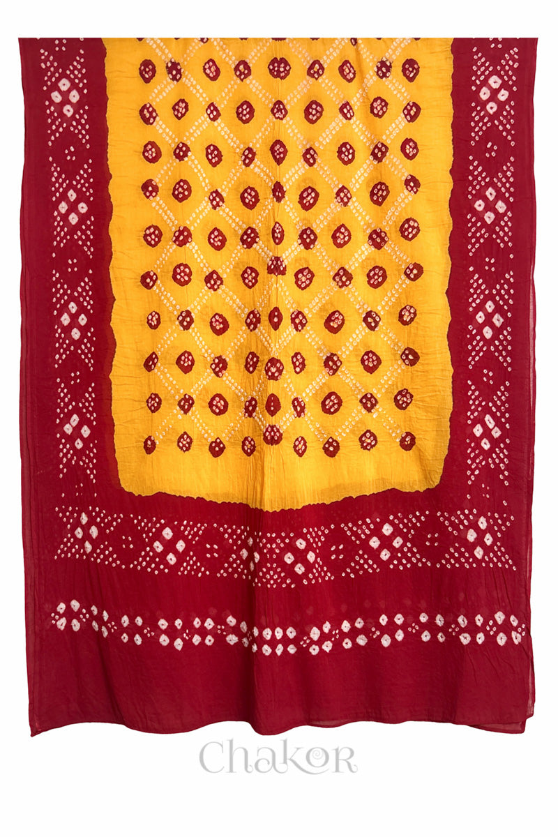 Yellow Red Bandhani Mul Cotton Dupatta | Kutch Tie-Dye