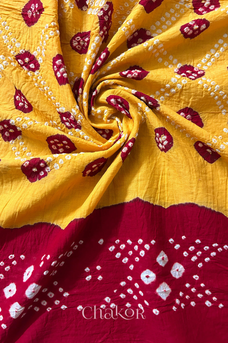 Yellow Red Bandhani Mul Cotton Dupatta | Kutch Tie-Dye
