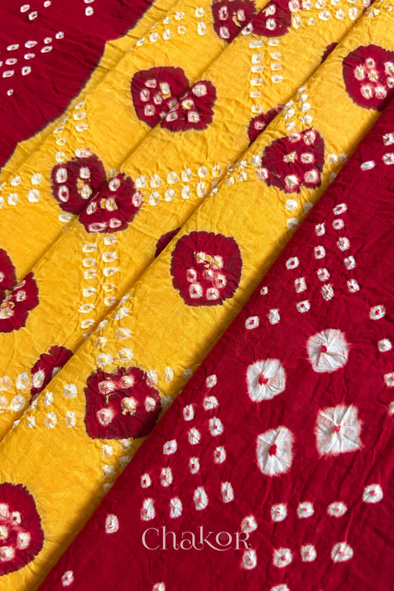Yellow Red Bandhani Mul Cotton Dupatta | Kutch Tie-Dye