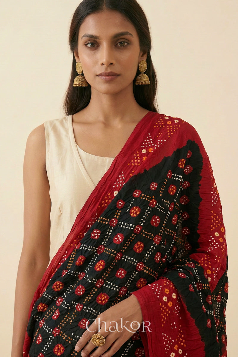 Black Red Bandhani Mul Cotton Dupatta | Kutch Tie-Dye