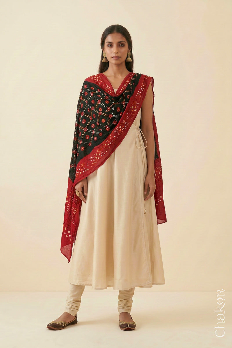 Black Red Bandhani Mul Cotton Dupatta | Kutch Tie-Dye