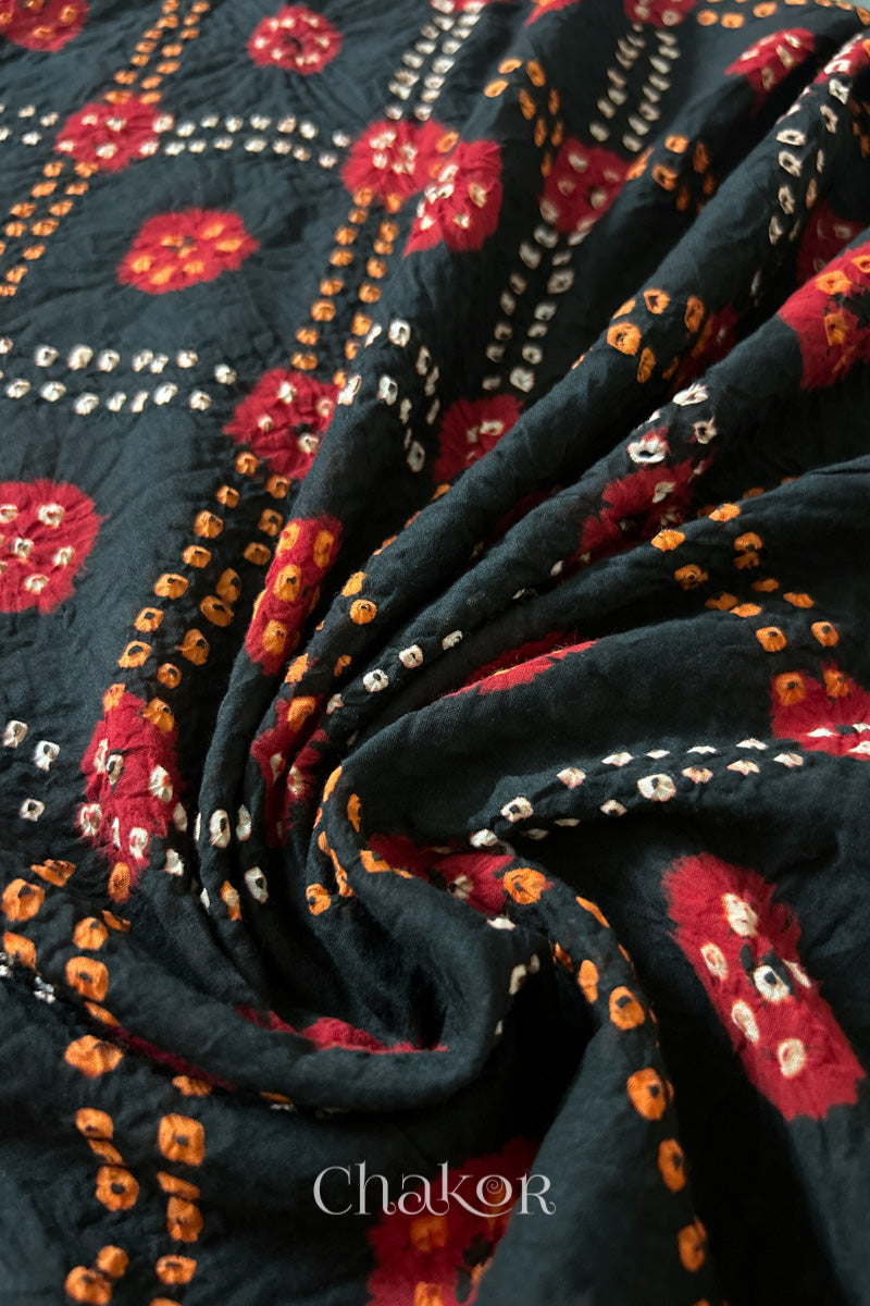 Black Red Bandhani Mul Cotton Dupatta | Kutch Tie-Dye