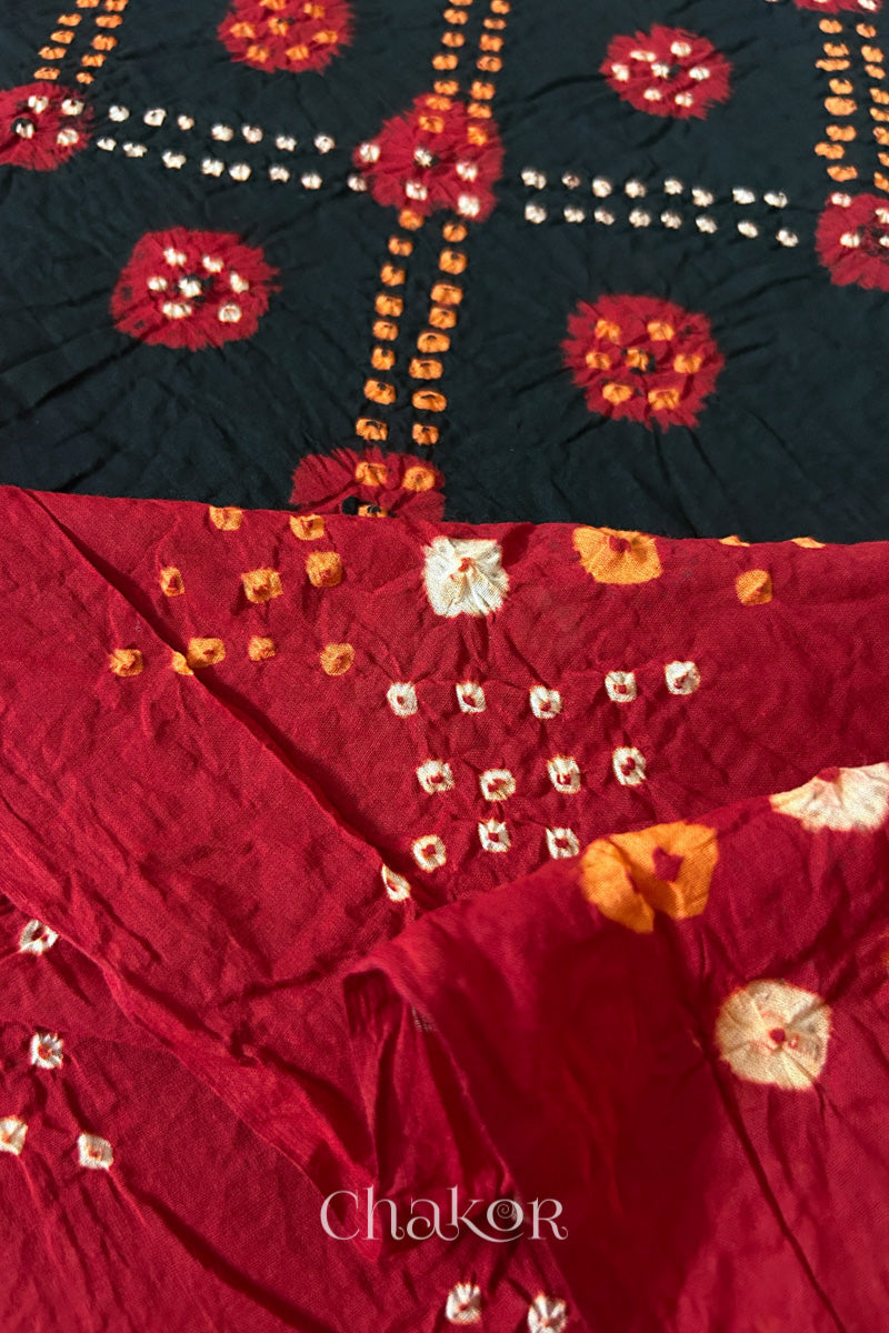 Black Red Bandhani Mul Cotton Dupatta | Kutch Tie-Dye