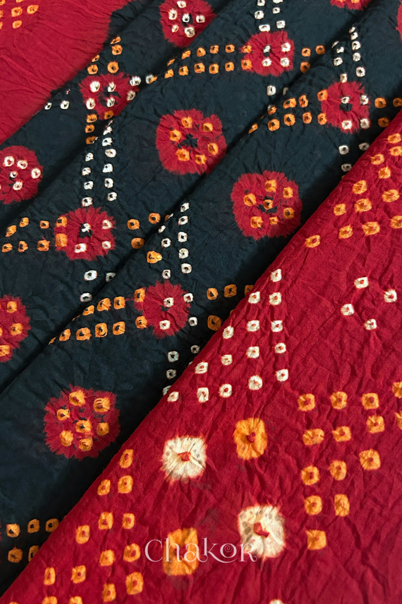 Black Red Bandhani Mul Cotton Dupatta | Kutch Tie-Dye