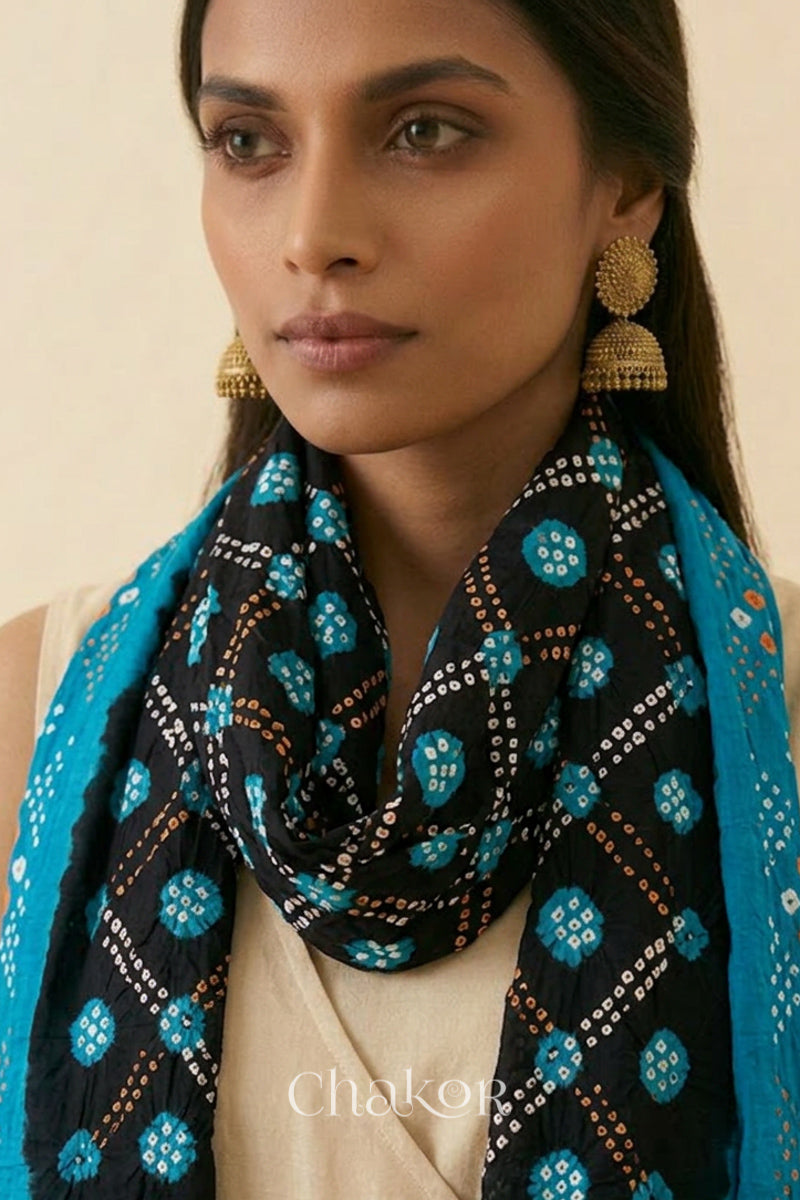 Black Turquoise Bandhani Mul Cotton Dupatta | Kutch Tie-Dye