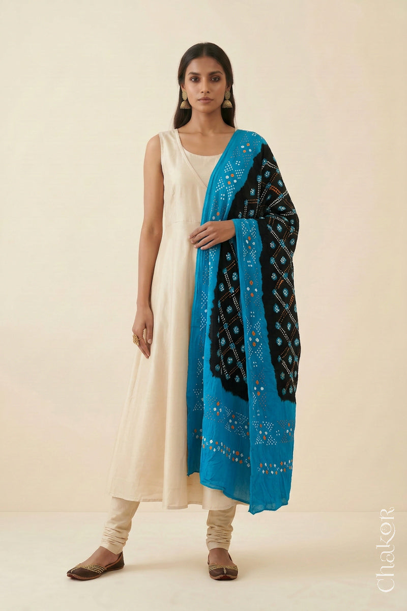 Black Turquoise Bandhani Mul Cotton Dupatta | Kutch Tie-Dye