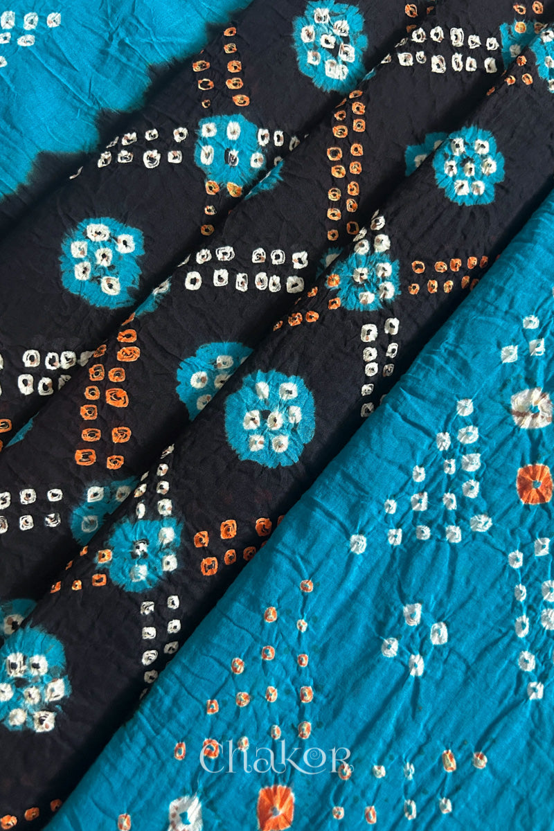 Black Turquoise Bandhani Mul Cotton Dupatta | Kutch Tie-Dye