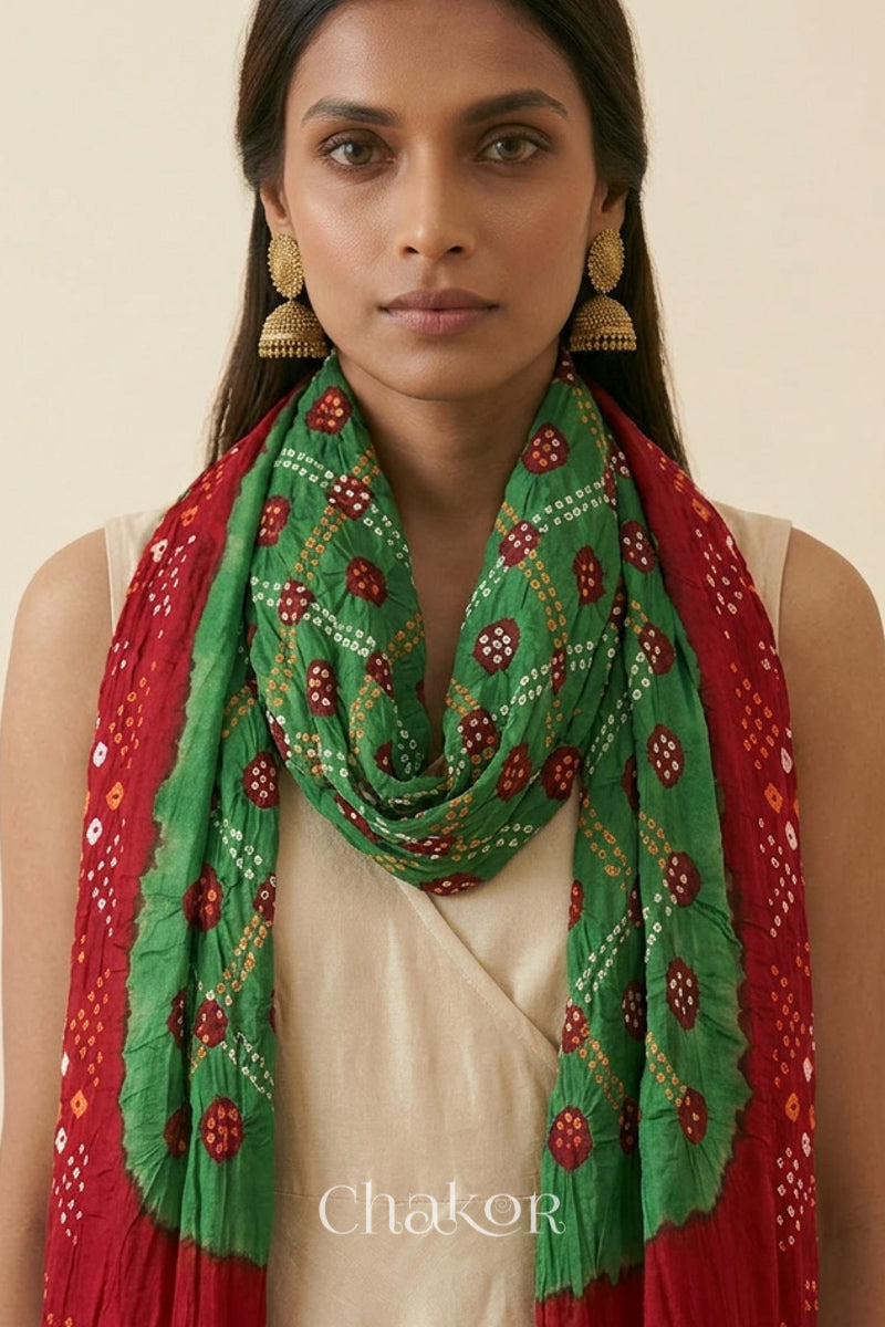 Mehendi Green Red Bandhani Mul Cotton Dupatta | Kutch Tie-Dye