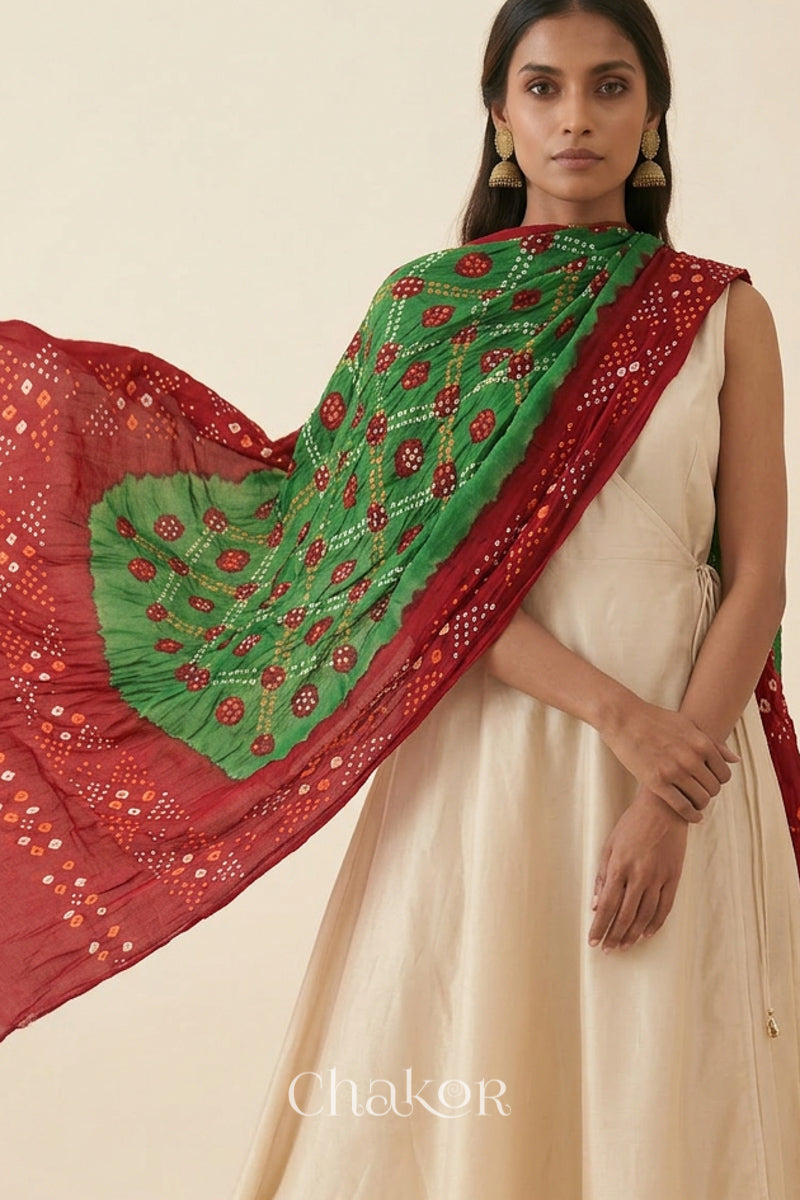 Mehendi Green Red Bandhani Mul Cotton Dupatta | Kutch Tie-Dye