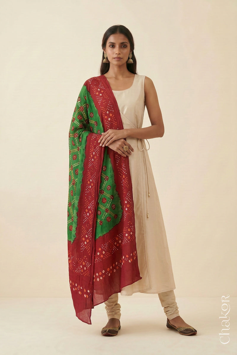 Mehendi Green Red Bandhani Mul Cotton Dupatta | Kutch Tie-Dye