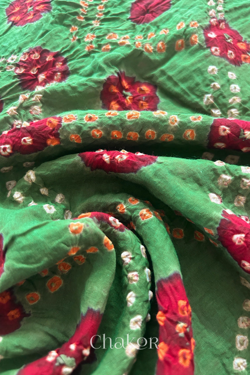 Mehendi Green Red Bandhani Mul Cotton Dupatta | Kutch Tie-Dye