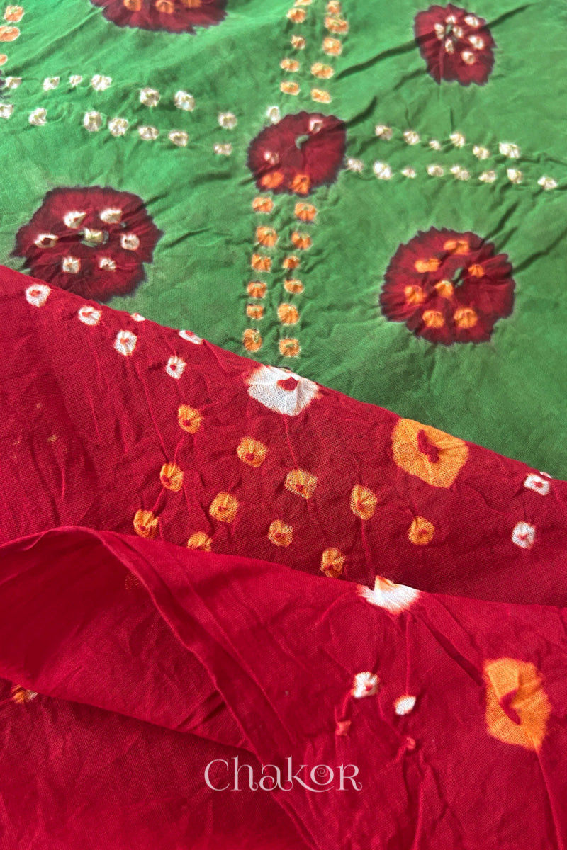Mehendi Green Red Bandhani Mul Cotton Dupatta | Kutch Tie-Dye