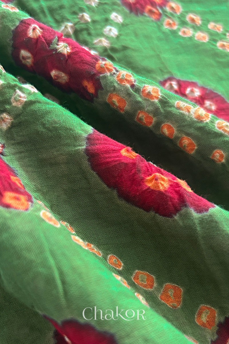 Mehendi Green Red Bandhani Mul Cotton Dupatta | Kutch Tie-Dye