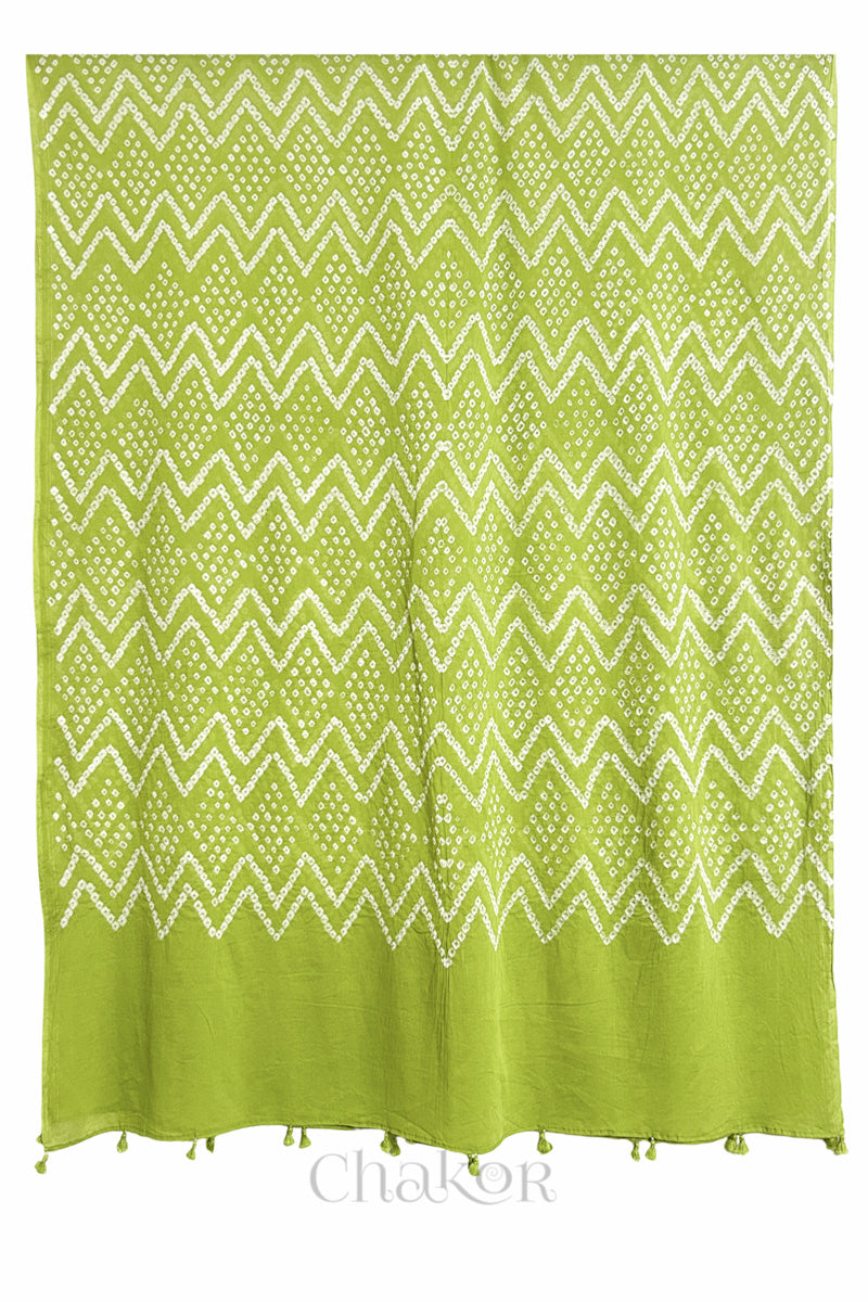Full view of Lime Green Kutch Bandhani dupatta in pure mercerised mulmul cotton.

