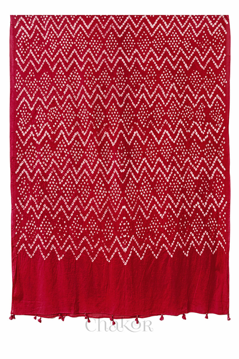 Full view of Red Kutch Bandhani dupatta in pure mercerised mulmul cotton.
