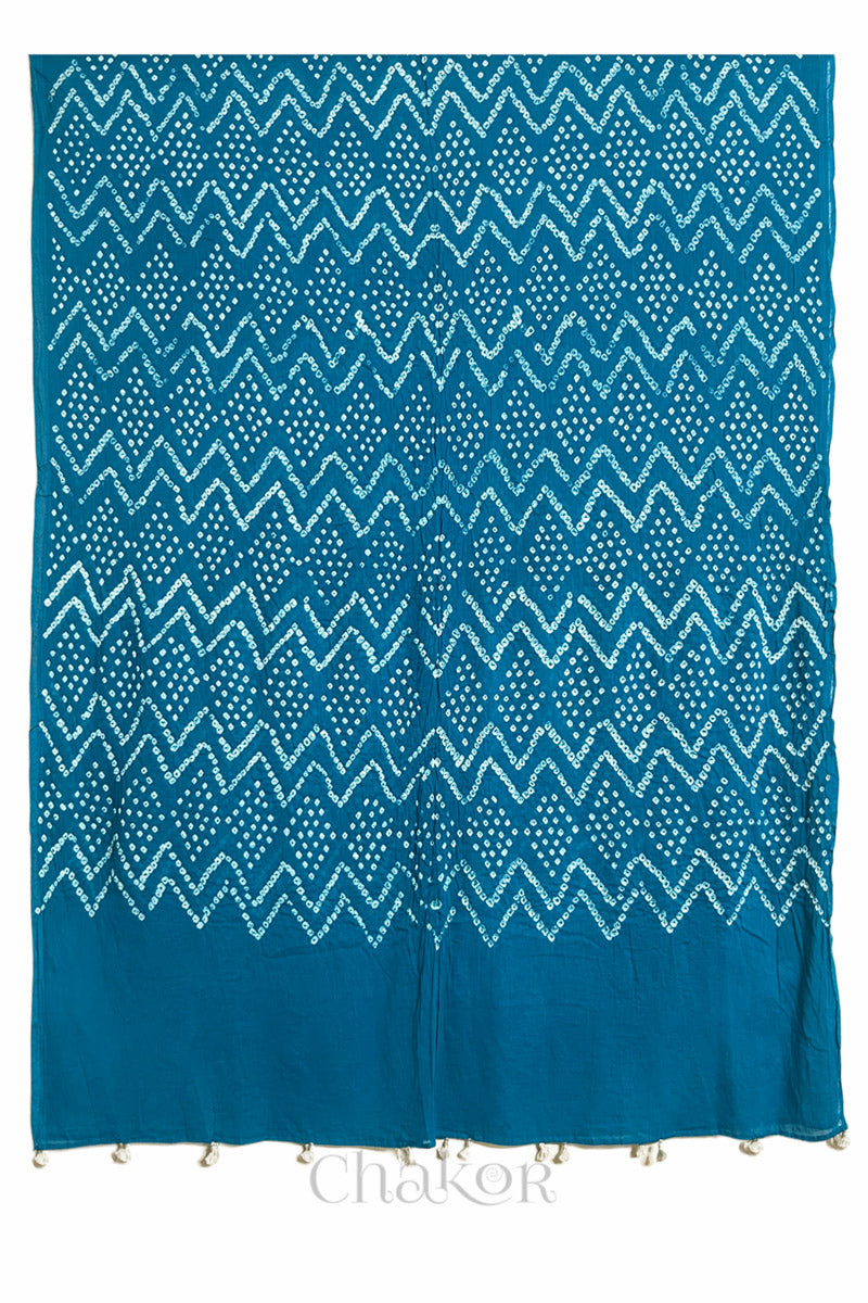 Full view of Turquoise Blue Kutch Bandhani dupatta in pure mercerised mulmul cotton.