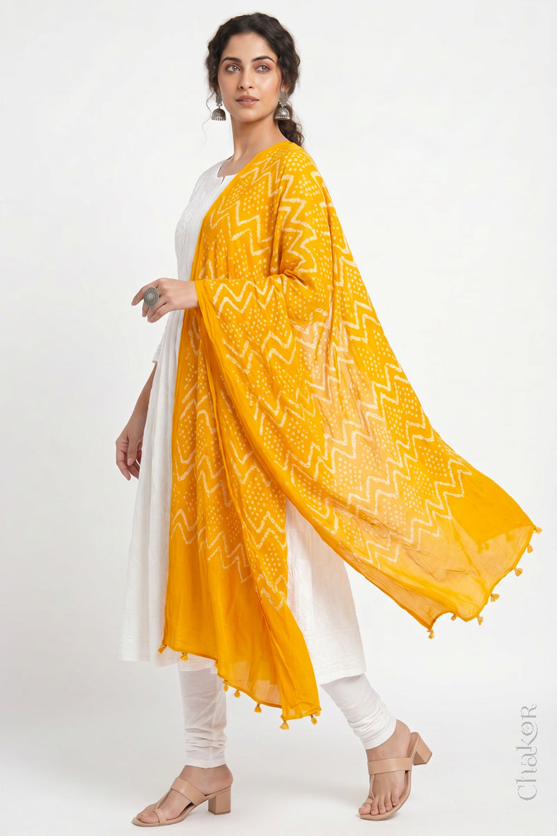 Hand tied Yellow Kutch Bandhani dupatta in pure mercerised mulmul cotton worn by model.
