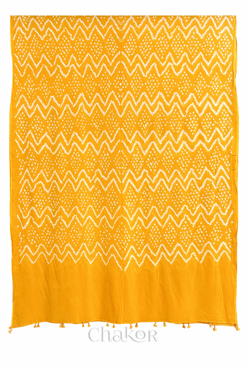 Full view of Yellow Kutch Bandhani dupatta in pure mercerised mulmul cotton.
