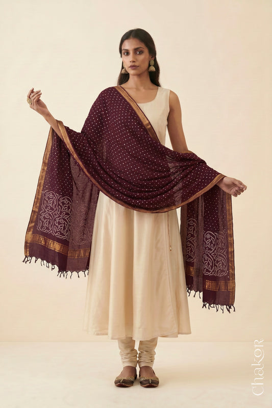 Maroon Bandhani Mangalgiri cotton dupatta worn by a woman, showing the zari border and pallu.
