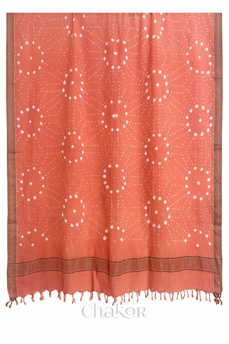 Peach Bandhani Mangalgiri cotton dupatta shown in full, with white dotted pattern and zari border.
