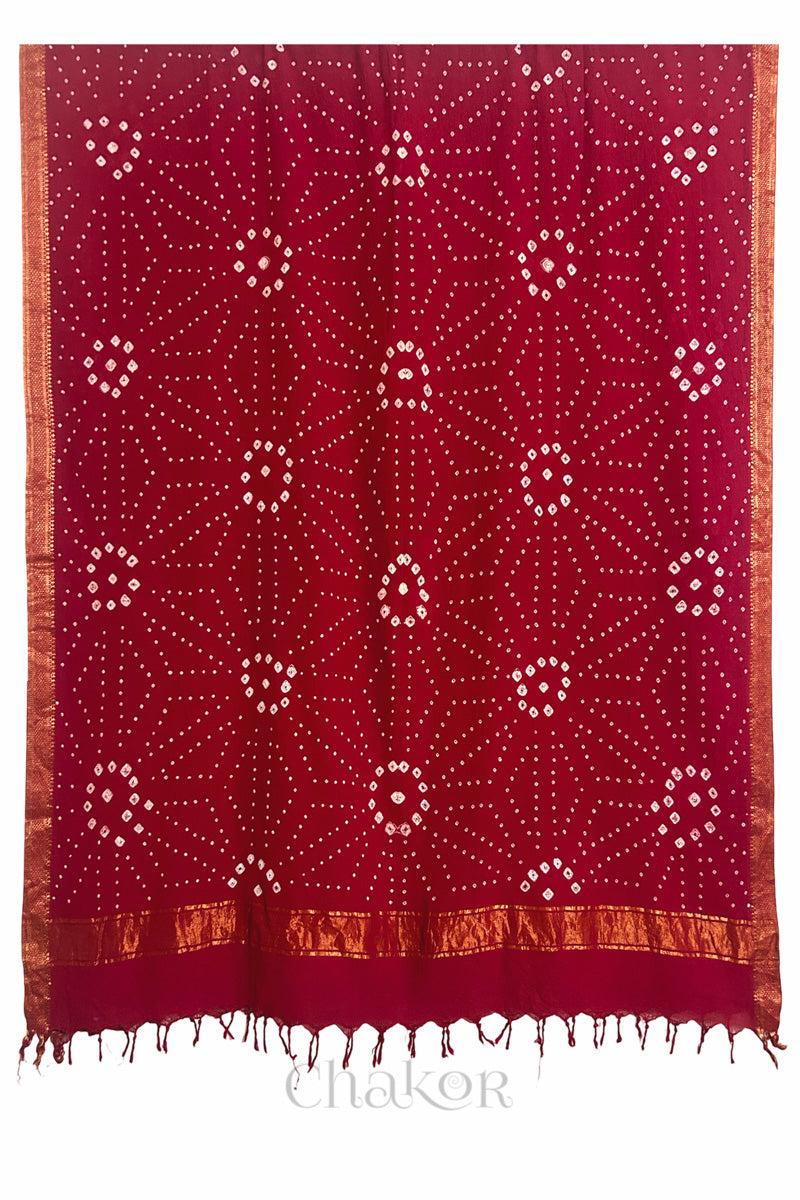 Red Bandhani Mangalgiri cotton dupatta shown in full, with white dotted pattern and zari border.
