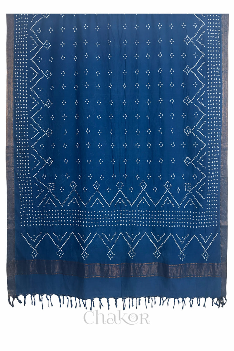Indigo Blue Bandhani Mangalgiri cotton dupatta shown in full, with white dotted pattern and zari border.
