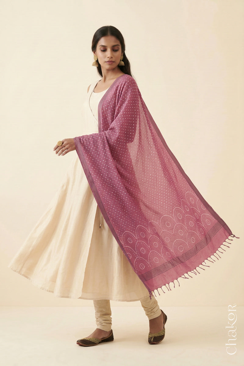 Old Rose Pink Bandhani Mangalgiri cotton dupatta worn by a woman, showing the zari border and pallu.
