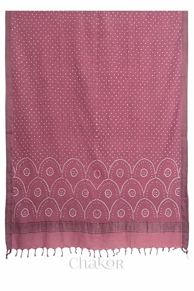 Old Rose Pink Bandhani Mangalgiri cotton dupatta shown in full, with white dotted pattern and zari border.
