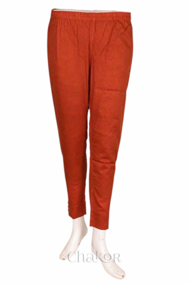 Pant of Handcrafted Brown Bandhani Cotton Kurta and Rust Pant Set with Dupatta with traditional design and hand embroidery.