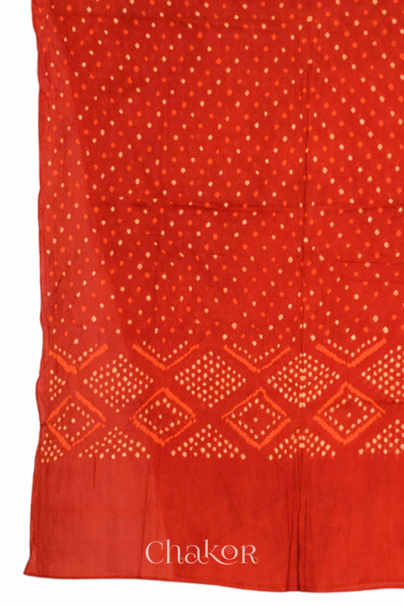 Dupatta view of Handcrafted Indigo Blue Bandhani Cotton Kurta and Rust Pant Set with Dupatta with traditional design and hand embroidery.