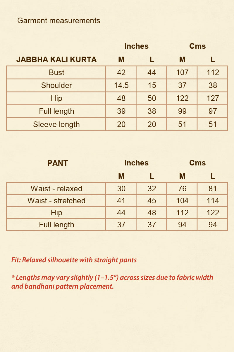 Measurement chart for  Bandhani Jabbha Kali Kurta Cotton pant set with sizes M and L.
