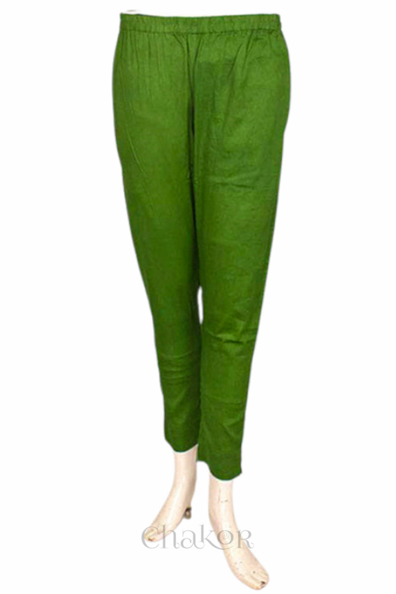 Pant of Handcrafted Brown Bandhani Cotton Kurta and green Pant Set with Dupatta with traditional floral design and mirror and mukaish hand embroidery.
