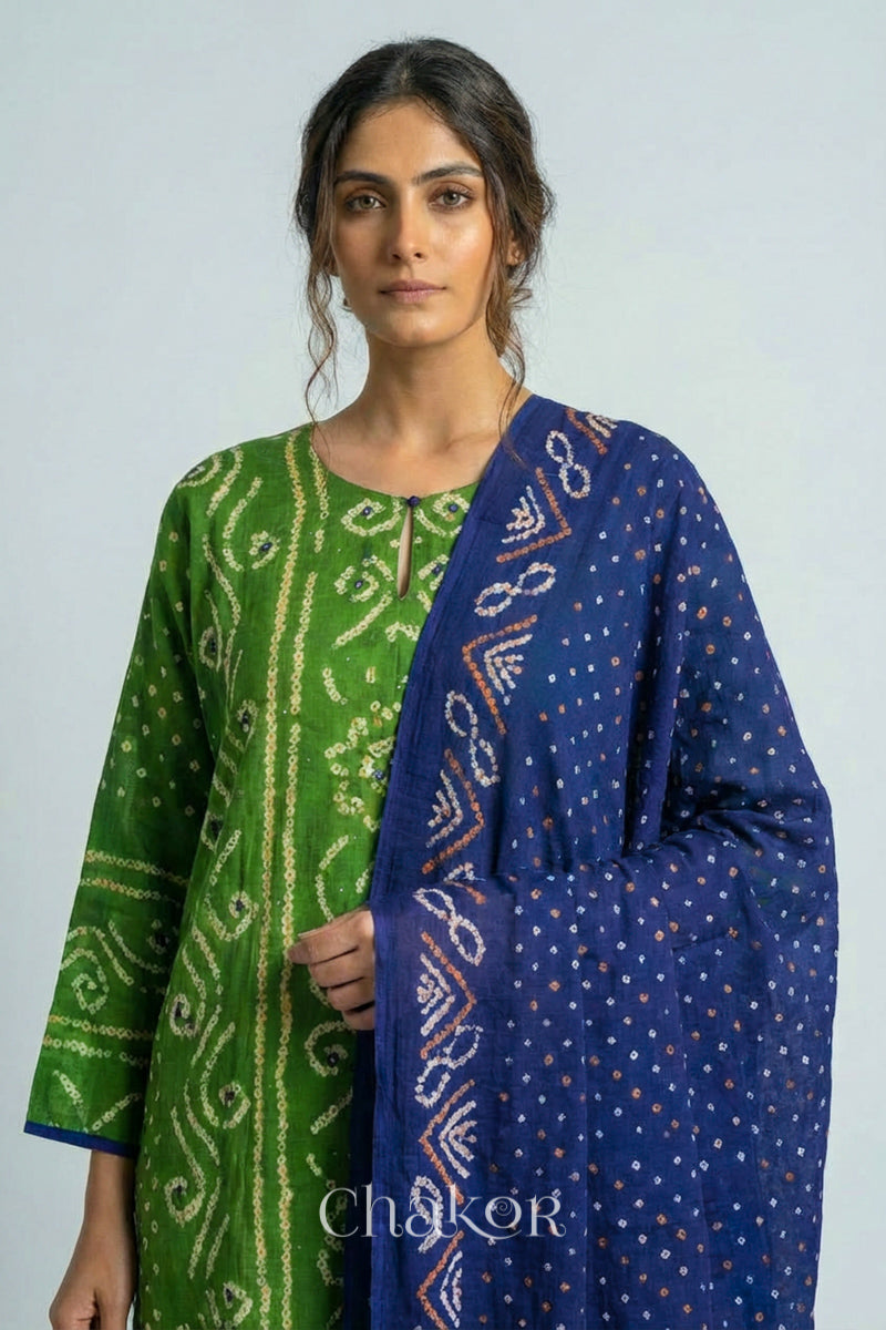 Model wearing Green Bandhani Cotton Tunic and Blue Pant with Dupatta, Handcrafted in Kutch with traditional design and hand embroidery.
