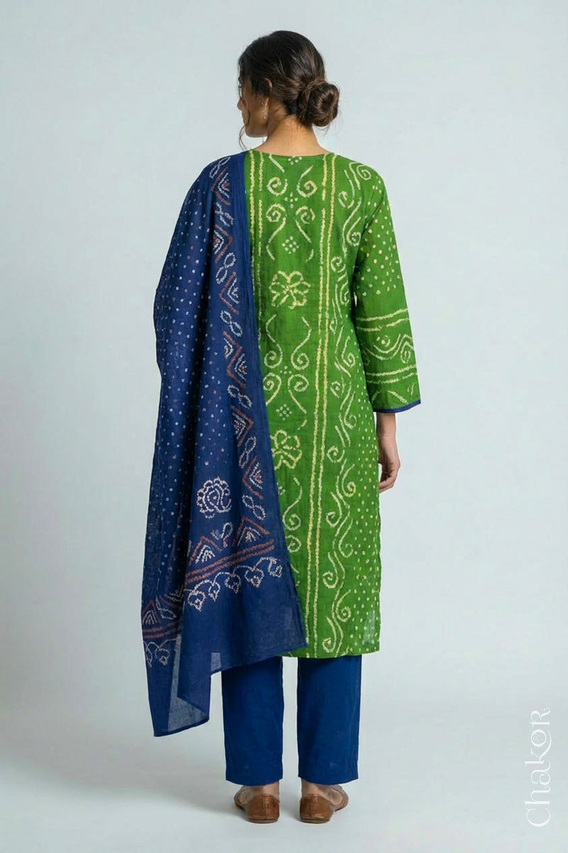Model wearing Green Bandhani Cotton Tunic and Blue Pant with Dupatta, Handcrafted in Kutch with traditional design and hand embroidery.