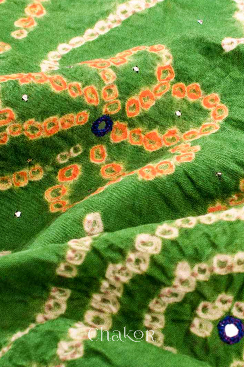 Close up of Green Bandhani Cotton Tunic and Blue Pant with Dupatta, Handcrafted in Kutch with traditional design and hand embroidery.