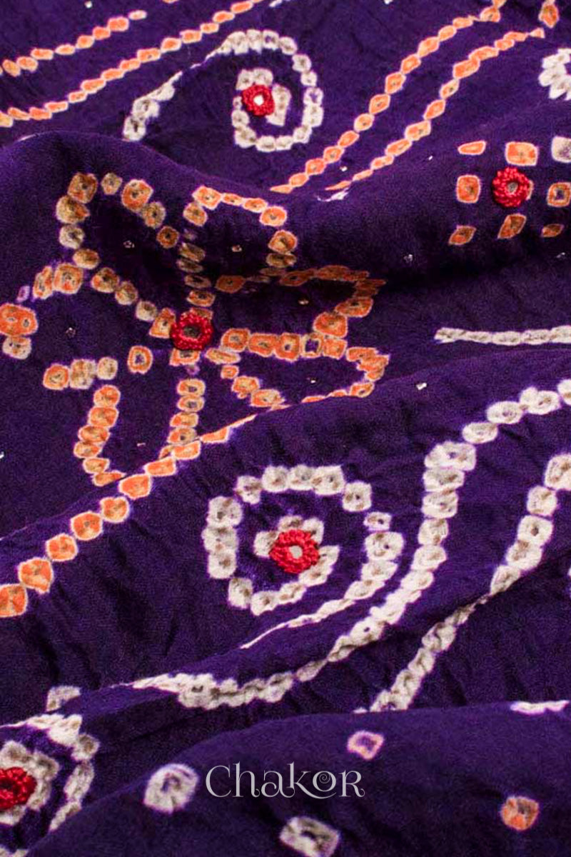 Close up of Purple Bandhani Cotton Tunic with Red Pant with Dupatta, Handcrafted in Kutch with traditional design and hand embroidery.