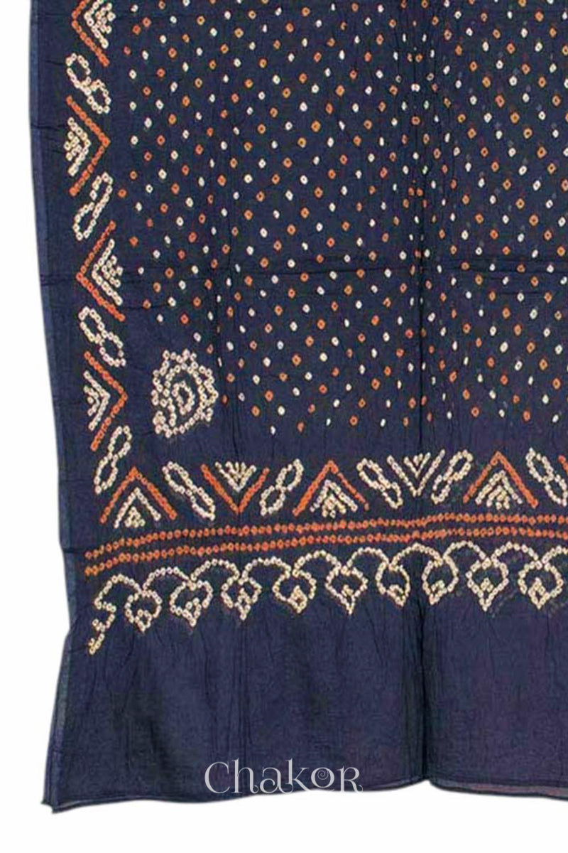 Dupatta detail of Red Bandhani Cotton Tunic with Charcoal gray Pant with Dupatta, Handcrafted in Kutch with traditional design and hand embroidery.