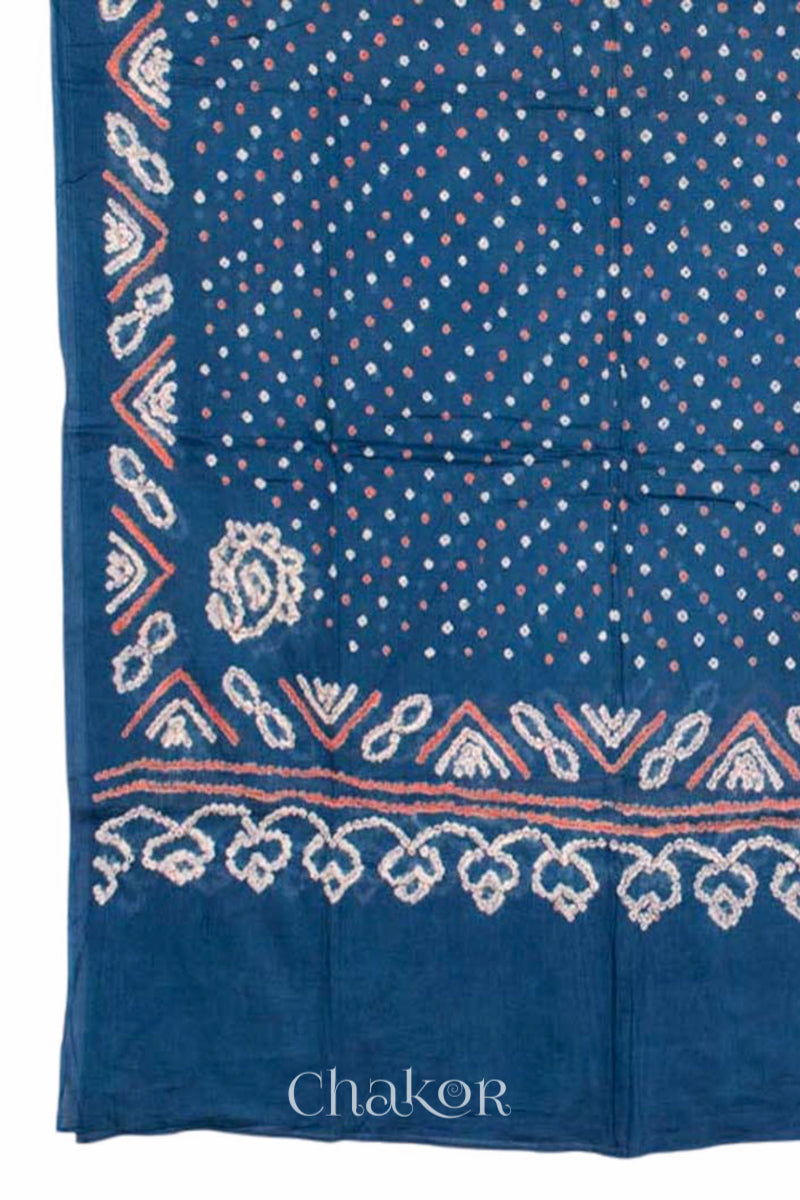 Dupatta detail of Pink Bandhani Cotton Tunic and Indigo Blue Pant with Dupatta, Handcrafted in Kutch with traditional design and hand embroidery.