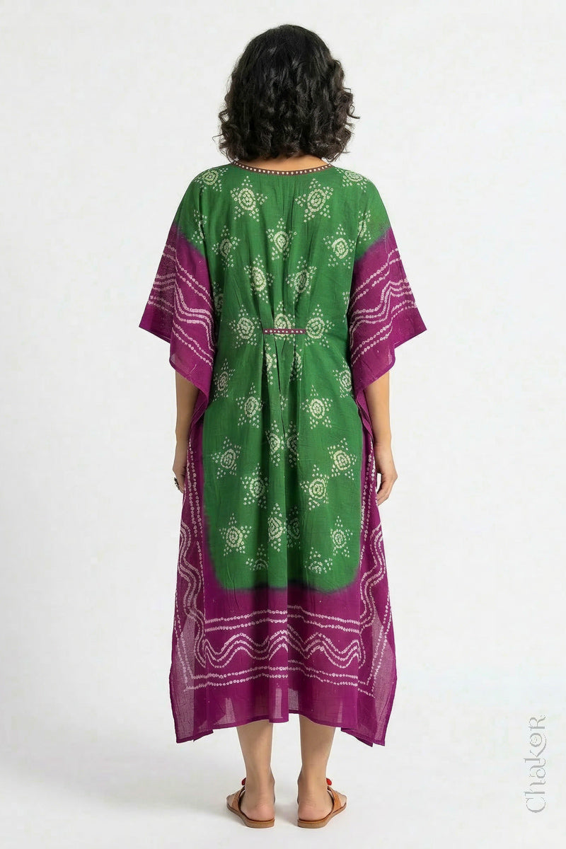 Mulmul cotton bandhani kaftan dress back view with contrast border, loose fit summer wear.

