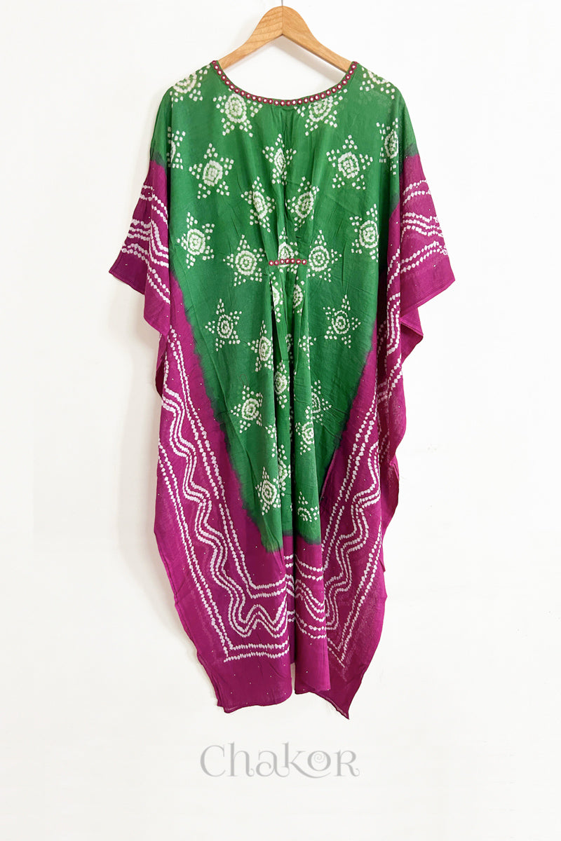 Handcrafted Kutch bandhani women's kaftan hanging full length in mulmul cotton with mirror work, loose fit for summer.
