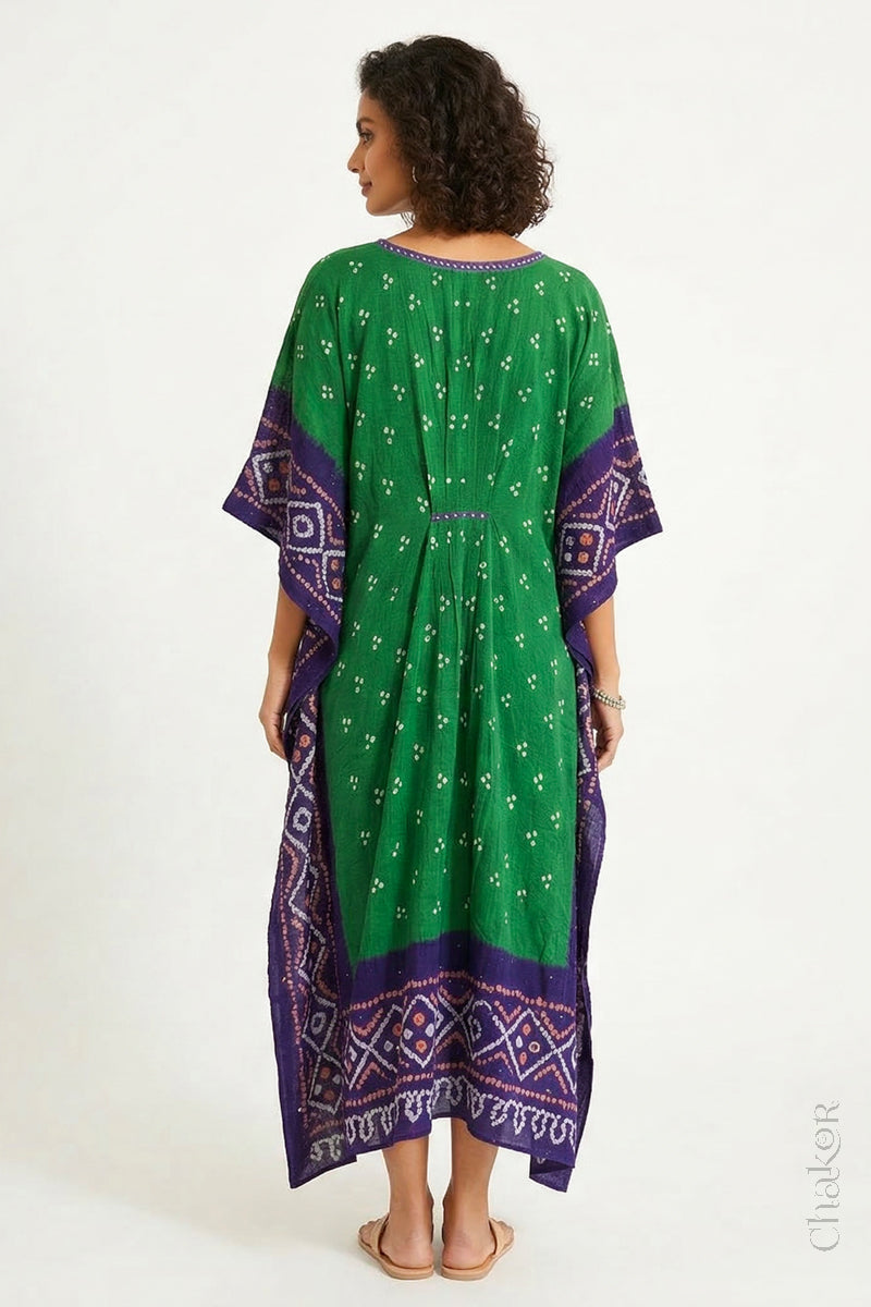 Mulmul cotton bandhani kaftan dress back view with contrast border, loose fit summer wear.
